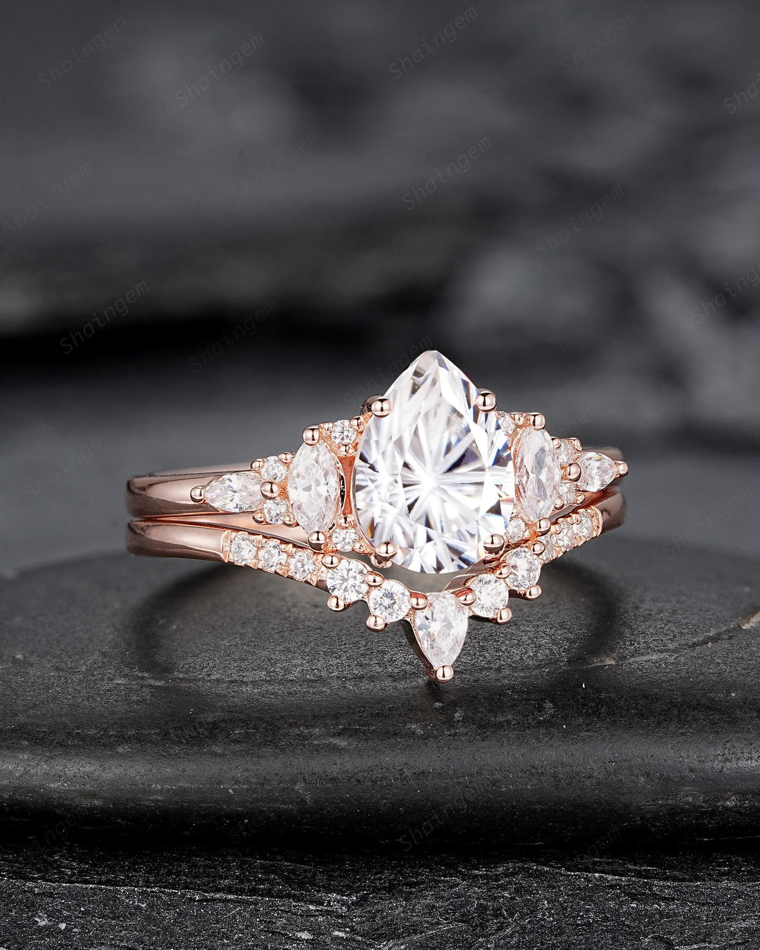 Unique Pear Shape Fireworks Cut Moissanite and Diamond Engagement Ring Rose Gold Wedding Ring Bridal Set V Shape Curved Promise Ring for her - ShainJewelry
