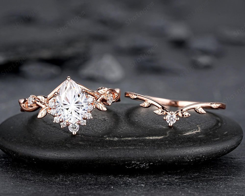 Unique Pear Shape Fireworks Cut Moissanite Leaf Engagement Ring, Nature Inspired Rose Gold Twig Branch Vine Promise Wedding Ring for Women - ShainJewelry
