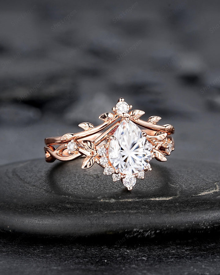 Unique Pear Shape Fireworks Cut Moissanite Leaf Engagement Ring, Nature Inspired Rose Gold Twig Branch Vine Promise Wedding Ring for Women - ShainJewelry
