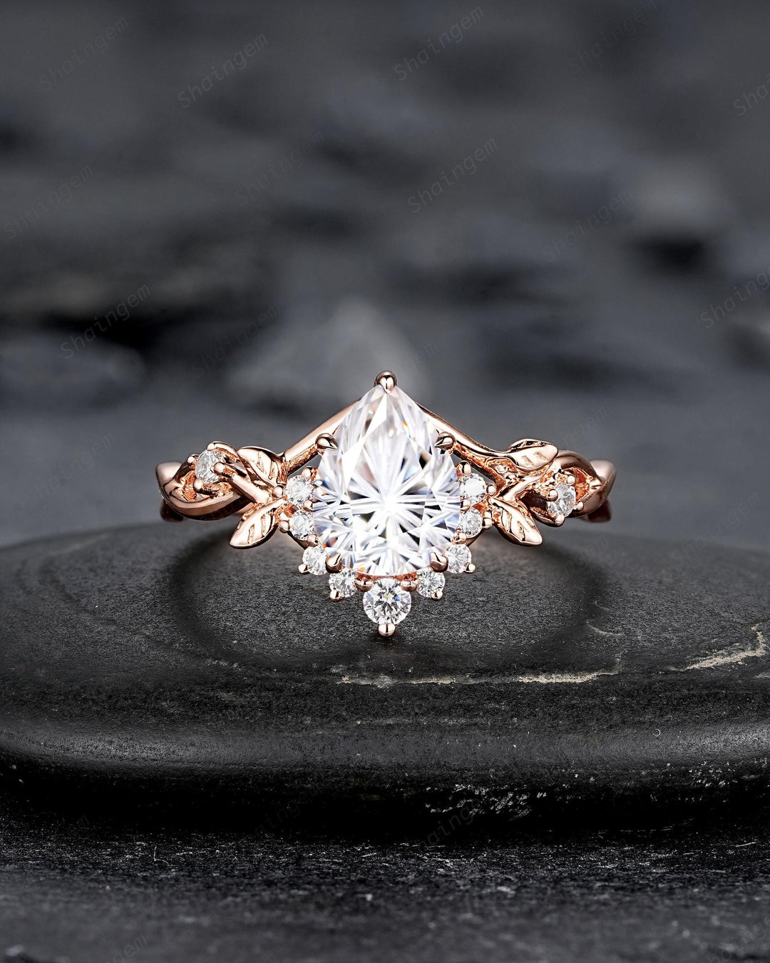 Unique Pear Shape Fireworks Cut Moissanite Leaf Engagement Ring, Nature Inspired Rose Gold Twig Branch Vine Promise Wedding Ring for Women - ShainJewelry