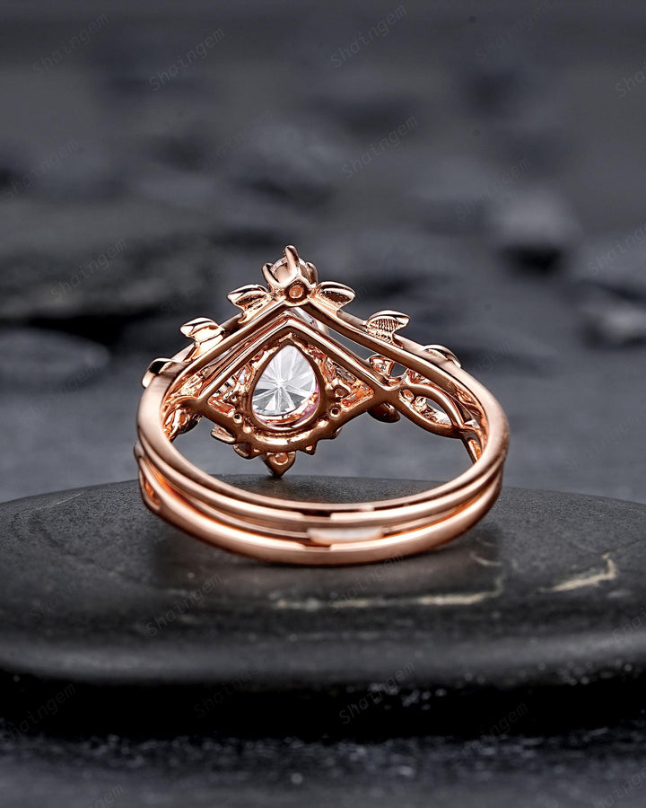 Unique Pear Shape Fireworks Cut Moissanite Leaf Engagement Ring, Nature Inspired Rose Gold Twig Branch Vine Promise Wedding Ring for Women - ShainJewelry