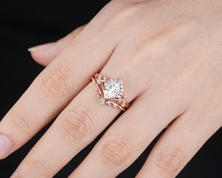 Unique Pear Shape Fireworks Cut Moissanite Leaf Engagement Ring, Nature Inspired Rose Gold Twig Branch Vine Promise Wedding Ring for Women - ShainJewelry