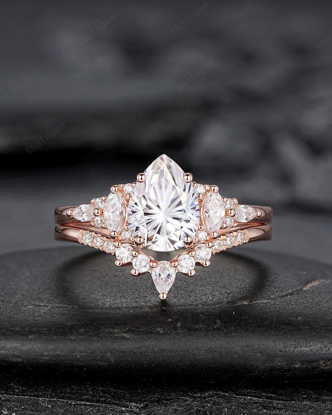 Unique Pear Shape Fireworks Cut Moissanite and Diamond Engagement Ring Rose Gold Wedding Ring Bridal Set V Shape Curved Promise Ring for her - ShainJewelry