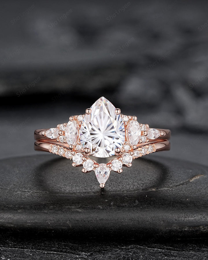 Unique Pear Shape Fireworks Cut Moissanite and Diamond Engagement Ring Rose Gold Wedding Ring Bridal Set V Shape Curved Promise Ring for her - ShainJewelry