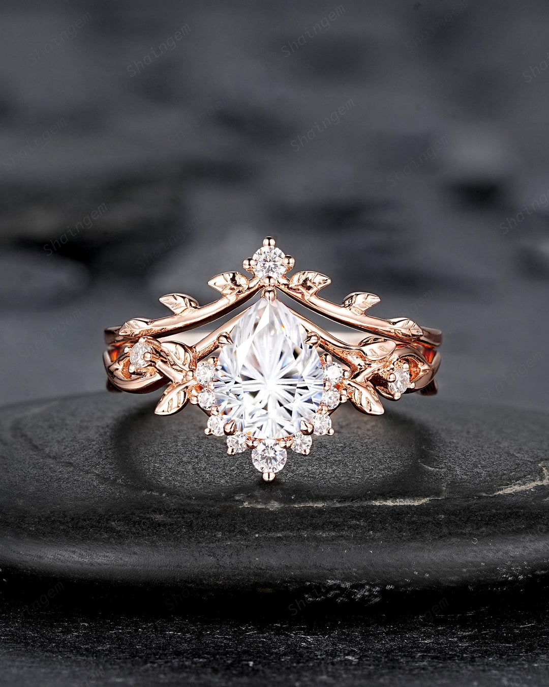 Unique Pear Shape Fireworks Cut Moissanite Leaf Engagement Ring, Nature Inspired Rose Gold Twig Branch Vine Promise Wedding Ring for Women - ShainJewelry