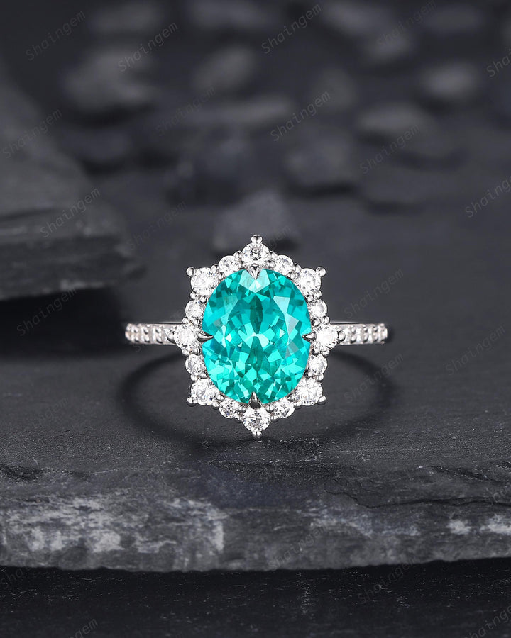 Platinum Oval Shape Paraiba Neon Blue Tourmaline Engagement Ring White Gold Diamond Halo Promise Wedding Ring Bridal Set, Floral Wedding set - ShainJewelry