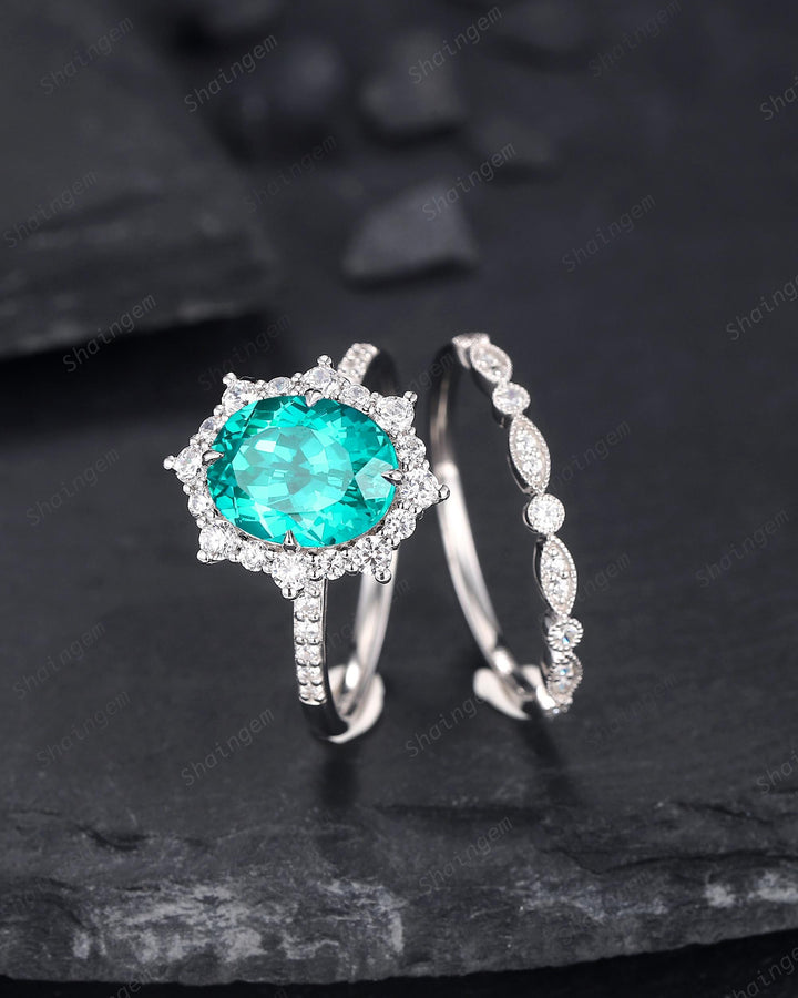 Platinum Oval Shape Paraiba Neon Blue Tourmaline Engagement Ring White Gold Diamond Halo Promise Wedding Ring Bridal Set, Floral Wedding set - ShainJewelry