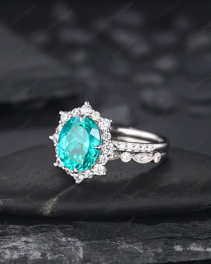Platinum Oval Shape Paraiba Neon Blue Tourmaline Engagement Ring White Gold Diamond Halo Promise Wedding Ring Bridal Set, Floral Wedding set - ShainJewelry