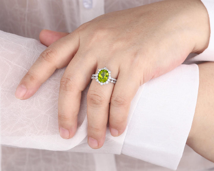 Platinum Oval Shape Natural Peridot Engagement Ring White Gold Diamond Halo Promise Wedding Ring Bridal Set, Floral Wedding Ring for Woman - ShainJewelry