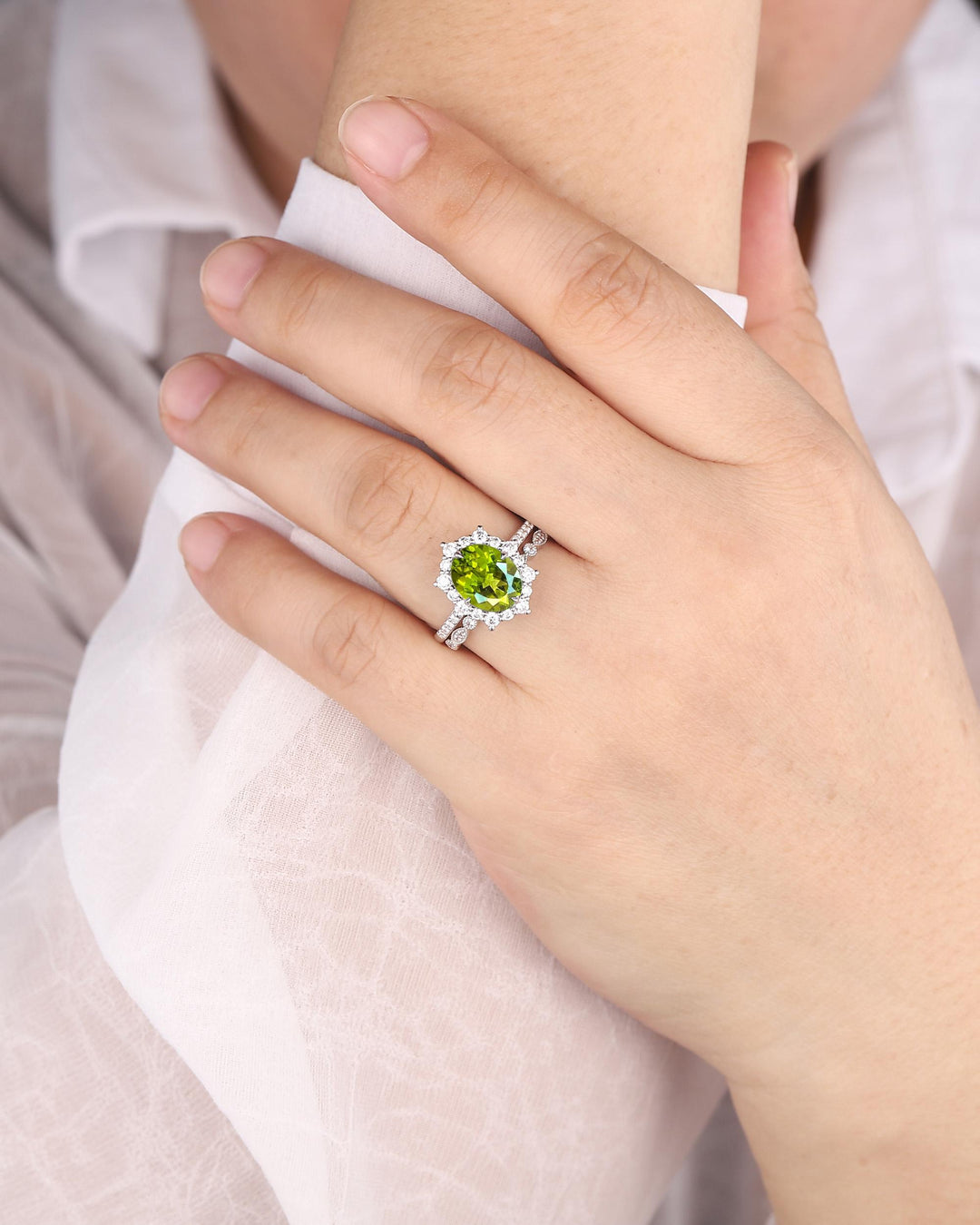 Platinum Oval Shape Natural Peridot Engagement Ring White Gold Diamond Halo Promise Wedding Ring Bridal Set, Floral Wedding Ring for Woman - ShainJewelry