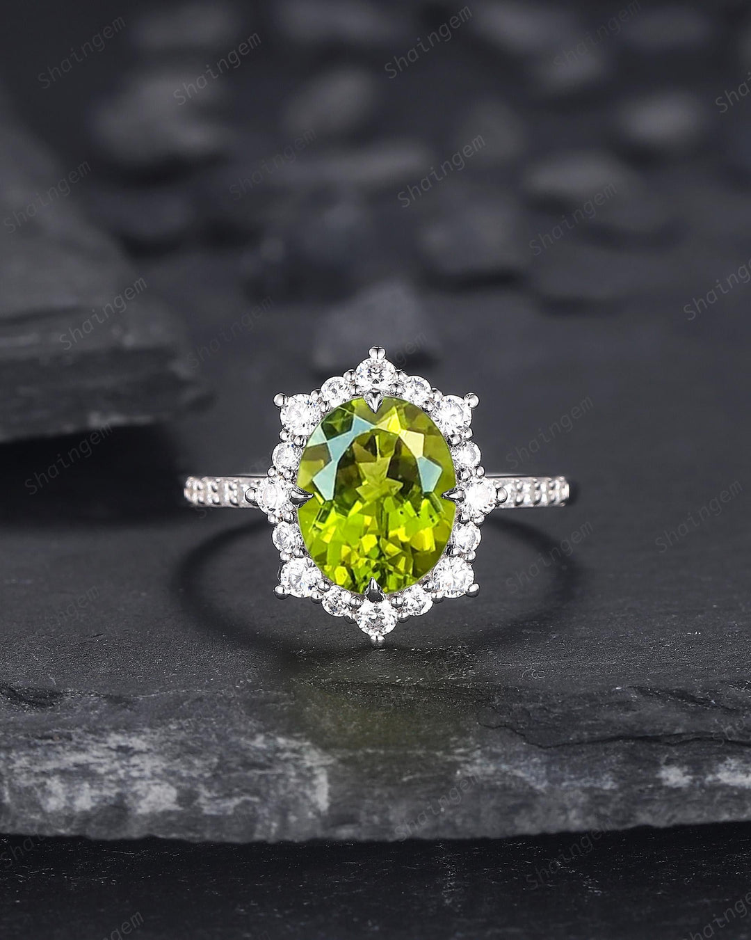 Platinum Oval Shape Natural Peridot Engagement Ring White Gold Diamond Halo Promise Wedding Ring Bridal Set, Floral Wedding Ring for Woman - ShainJewelry