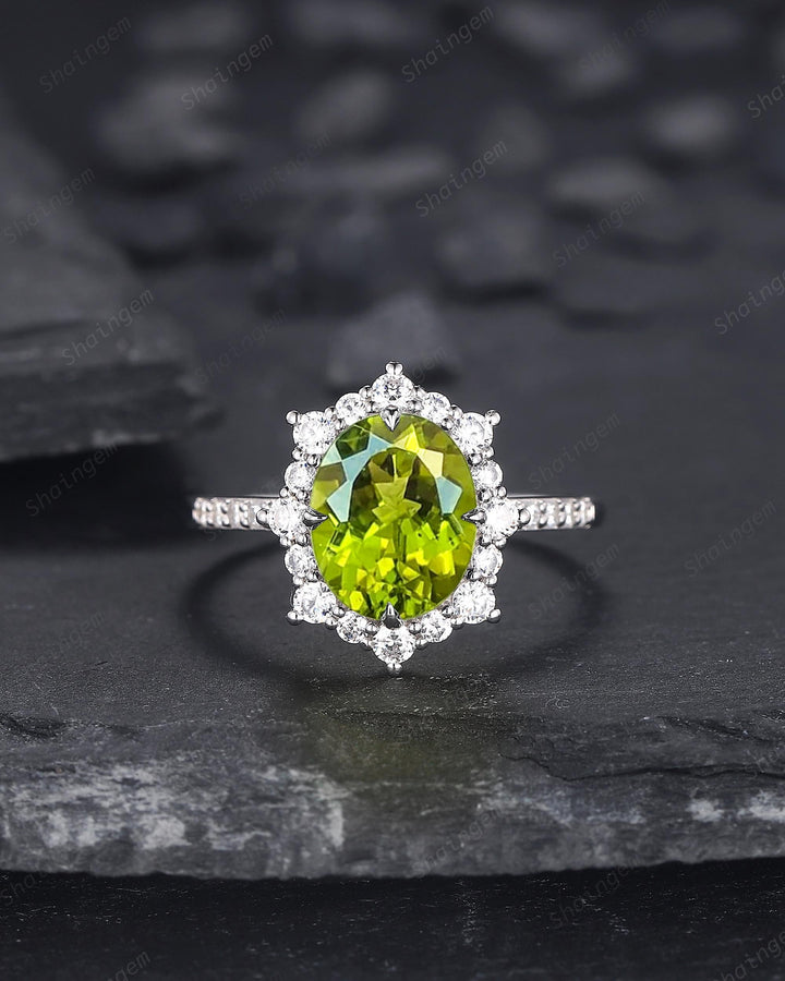 Platinum Oval Shape Natural Peridot Engagement Ring White Gold Diamond Halo Promise Wedding Ring Bridal Set, Floral Wedding Ring for Woman - ShainJewelry