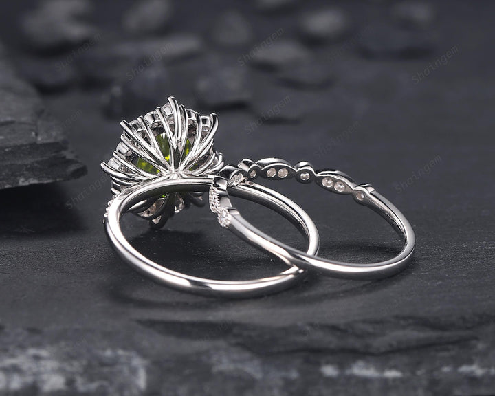 Platinum Oval Shape Natural Peridot Engagement Ring White Gold Diamond Halo Promise Wedding Ring Bridal Set, Floral Wedding Ring for Woman - ShainJewelry