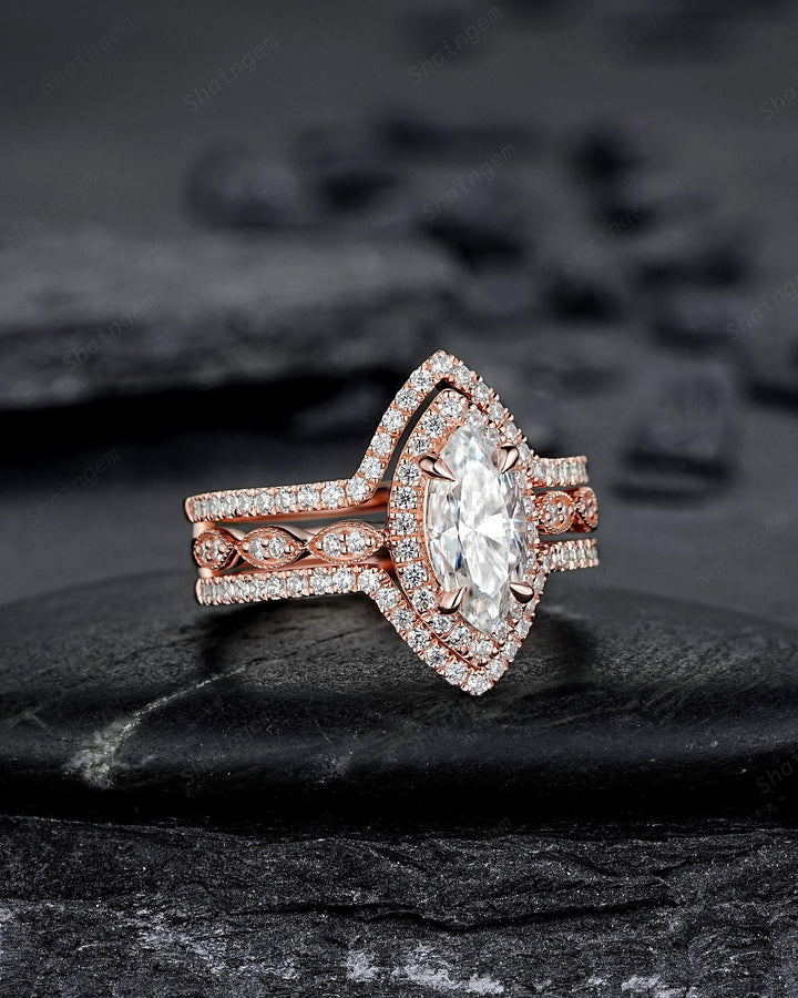 3PCS Marquise Cut Moissanite Engagement Ring V Shape Ring Guard Spacer Ring Enhancer Curved Soldered Band Halo Wedding Promise Ring for her - ShainJewelry