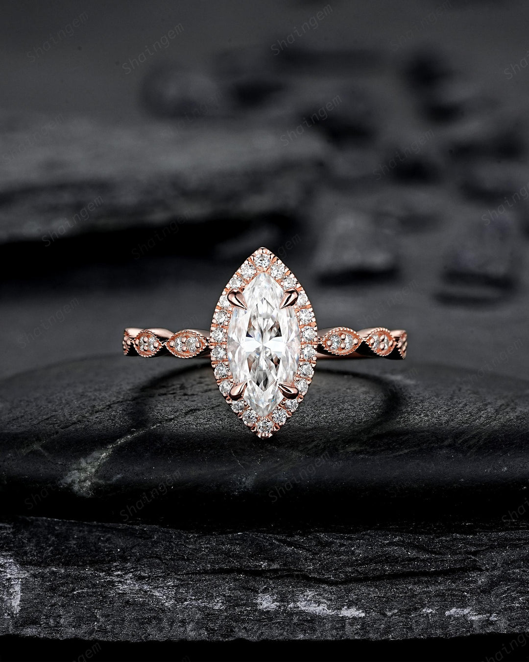 3PCS Marquise Cut Moissanite Engagement Ring V Shape Ring Guard Spacer Ring Enhancer Curved Soldered Band Halo Wedding Promise Ring for her - ShainJewelry