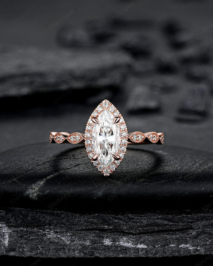 3PCS Marquise Cut Moissanite Engagement Ring V Shape Ring Guard Spacer Ring Enhancer Curved Soldered Band Halo Wedding Promise Ring for her - ShainJewelry
