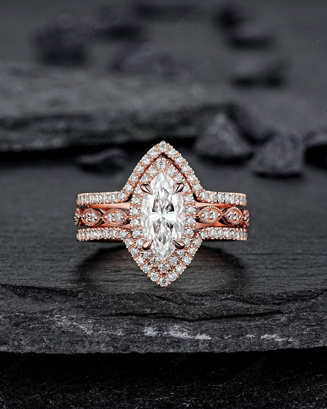 3PCS Marquise Cut Moissanite Engagement Ring V Shape Ring Guard Spacer Ring Enhancer Curved Soldered Band Halo Wedding Promise Ring for her - ShainJewelry