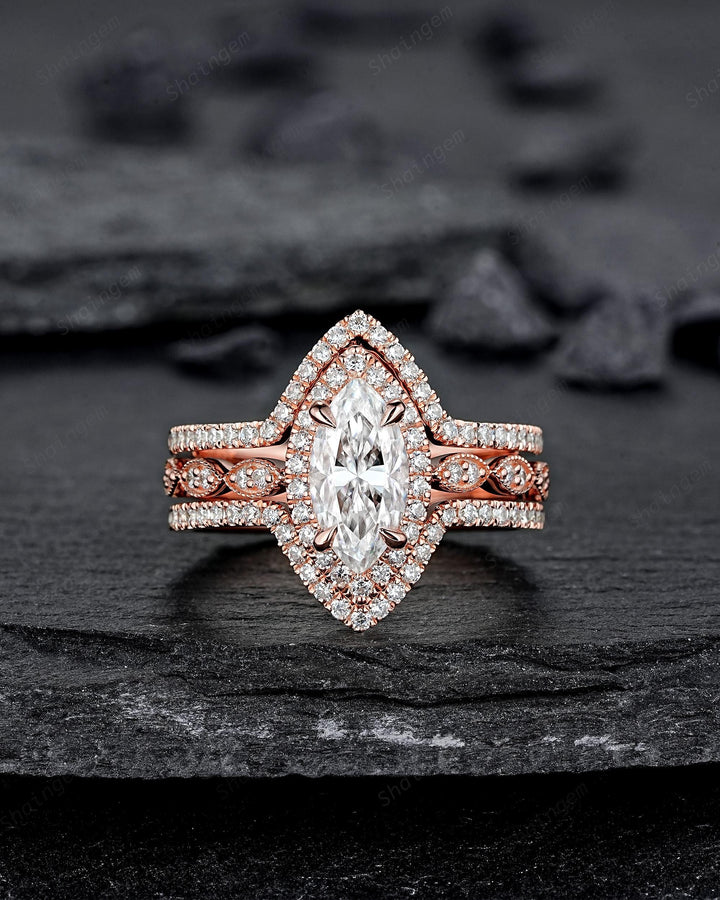 3PCS Marquise Cut Moissanite Engagement Ring V Shape Ring Guard Spacer Ring Enhancer Curved Soldered Band Halo Wedding Promise Ring for her - ShainJewelry
