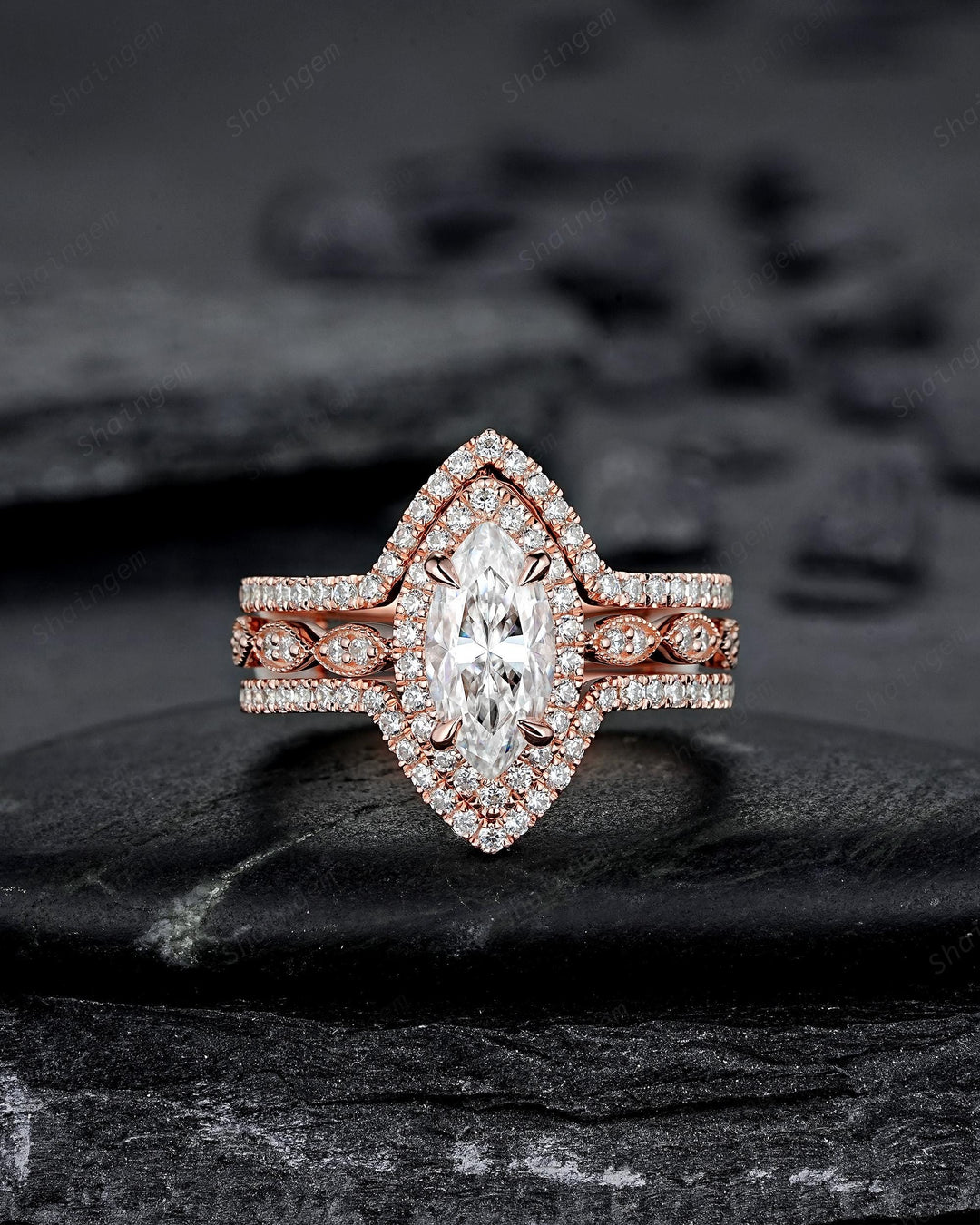 3PCS Marquise Cut Moissanite Engagement Ring V Shape Ring Guard Spacer Ring Enhancer Curved Soldered Band Halo Wedding Promise Ring for her - ShainJewelry