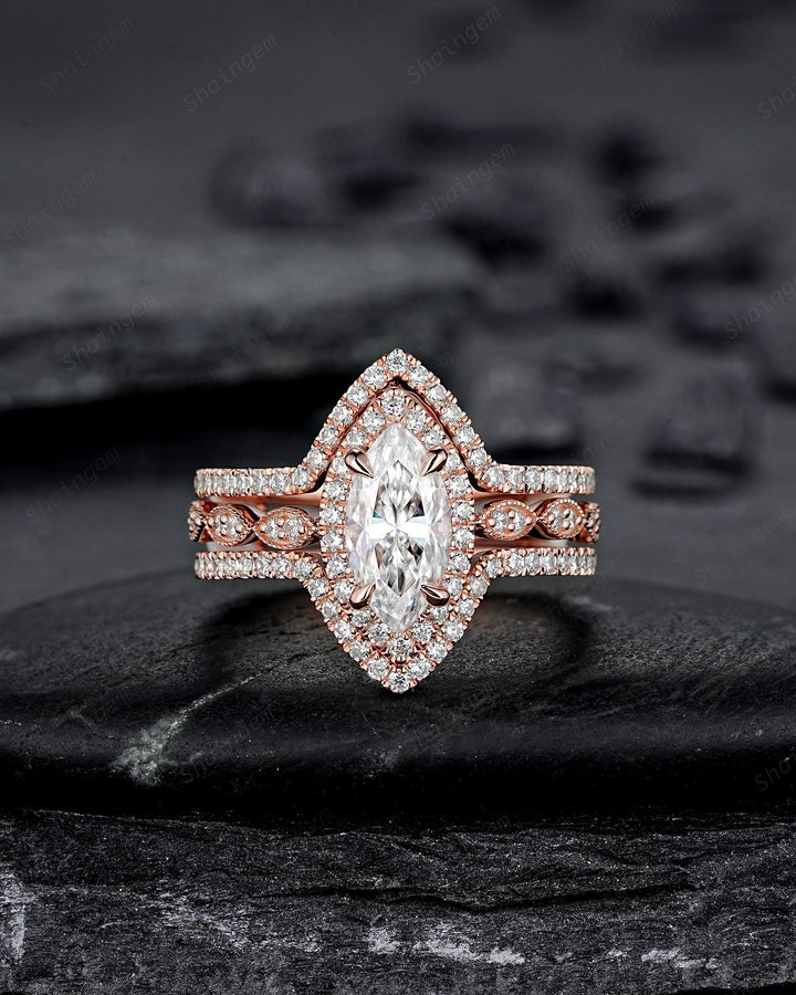 3PCS Marquise Cut Moissanite Engagement Ring V Shape Ring Guard Spacer Ring Enhancer Curved Soldered Band Halo Wedding Promise Ring for her - ShainJewelry