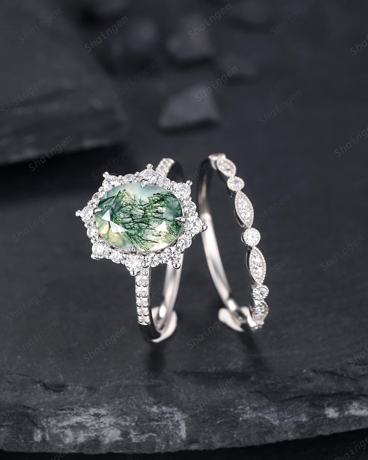 Platinum Oval Shape Moss Agate Halo Engagement Ring Set, Unique White Gold Wedding Set, Silver Moss Agate Bridal Set Anniversary Ring Gift - ShainJewelry