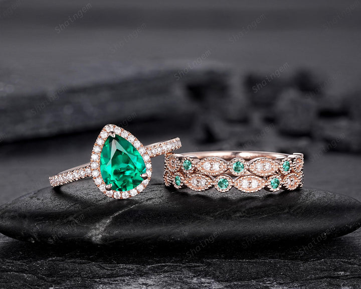 3PCS Pear Shape Emerald Halo Engagement Ring Vintage Rose Gold Green Stone Bridal Set Unique May Birthstone Promise Wedding Ring for Women - ShainJewelry