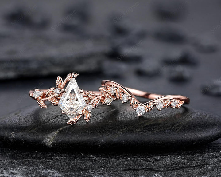 Vintage Kite Cut Moissanite Leaf Engagement Ring Unique Rose Gold Twig Branch Vine Wedding Set Nature Inspired Promise Ring for Women her - ShainJewelry