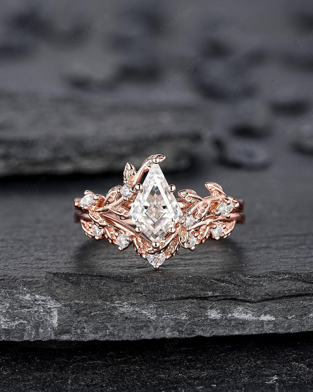Vintage Kite Cut Moissanite Leaf Engagement Ring Unique Rose Gold Twig Branch Vine Wedding Set Nature Inspired Promise Ring for Women her - ShainJewelry