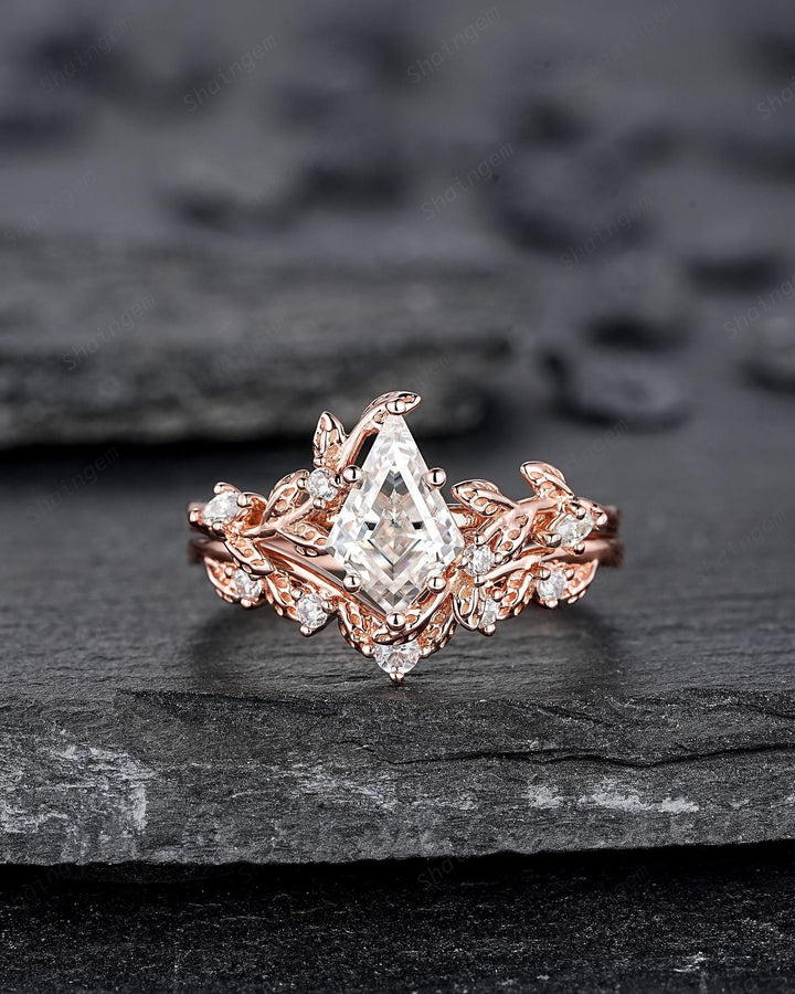Vintage Kite Cut Moissanite Leaf Engagement Ring Unique Rose Gold Twig Branch Vine Wedding Set Nature Inspired Promise Ring for Women her - ShainJewelry