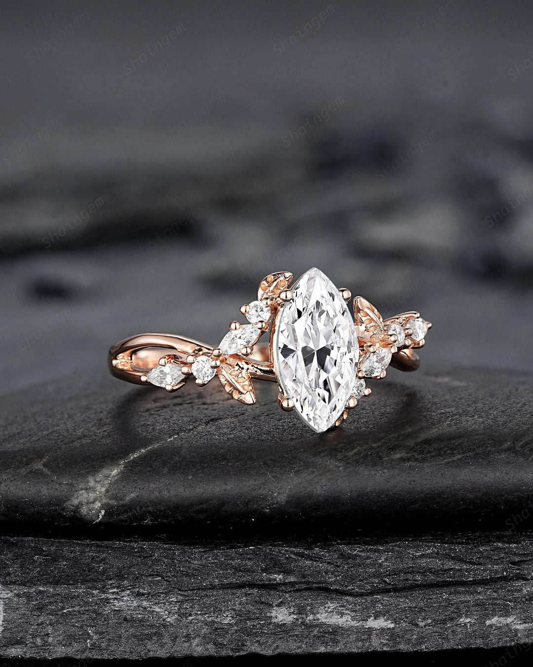 Unique Marquise Cut Moissanite Engagement Ring, Nature Inspired Leaf Diamond Wedding Ring Vintage Rose Gold Twig Promise Ring Gift for Women - ShainJewelry