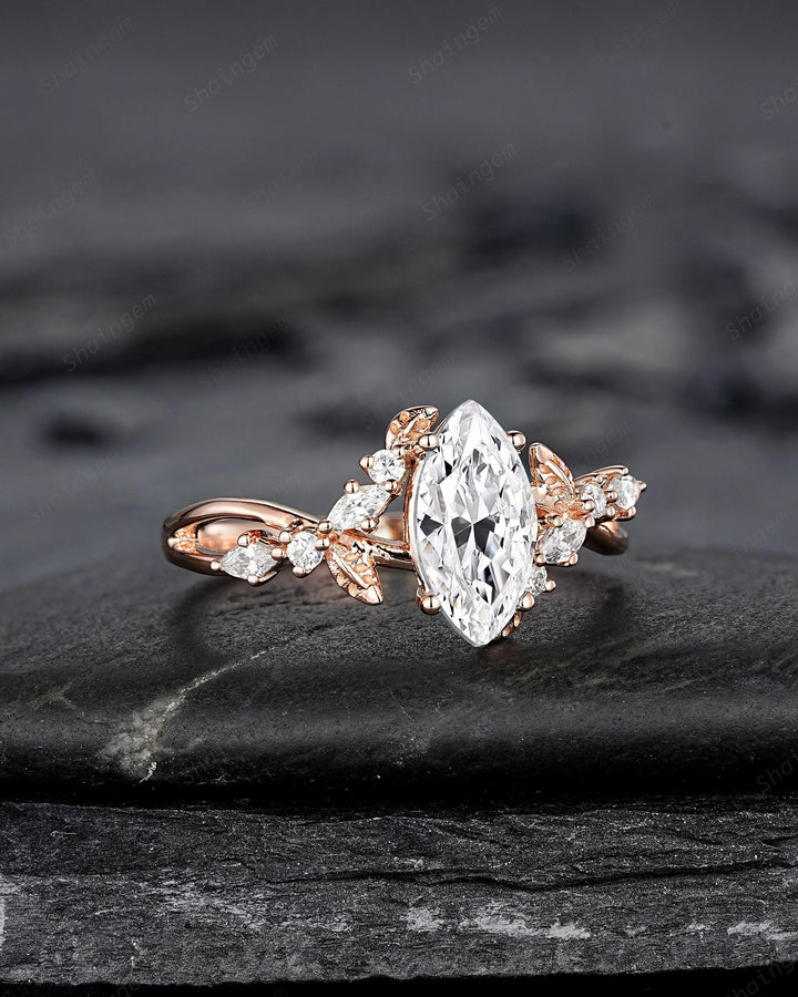 Unique Marquise Cut Moissanite Engagement Ring, Nature Inspired Leaf Diamond Wedding Ring Vintage Rose Gold Twig Promise Ring Gift for Women - ShainJewelry
