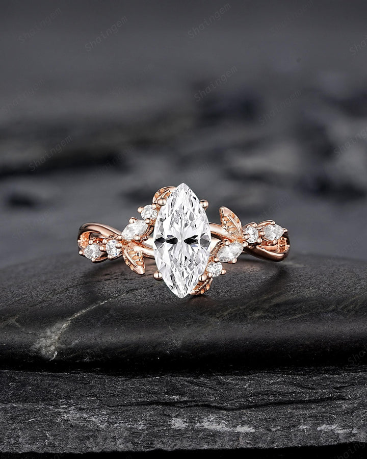 Unique Marquise Cut Moissanite Engagement Ring, Nature Inspired Leaf Diamond Wedding Ring Vintage Rose Gold Twig Promise Ring Gift for Women - ShainJewelry