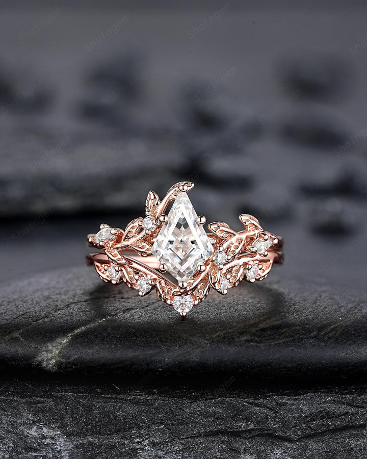 Vintage Kite Cut Moissanite Leaf Engagement Ring Unique Rose Gold Twig Branch Vine Wedding Set Nature Inspired Promise Ring for Women her - ShainJewelry