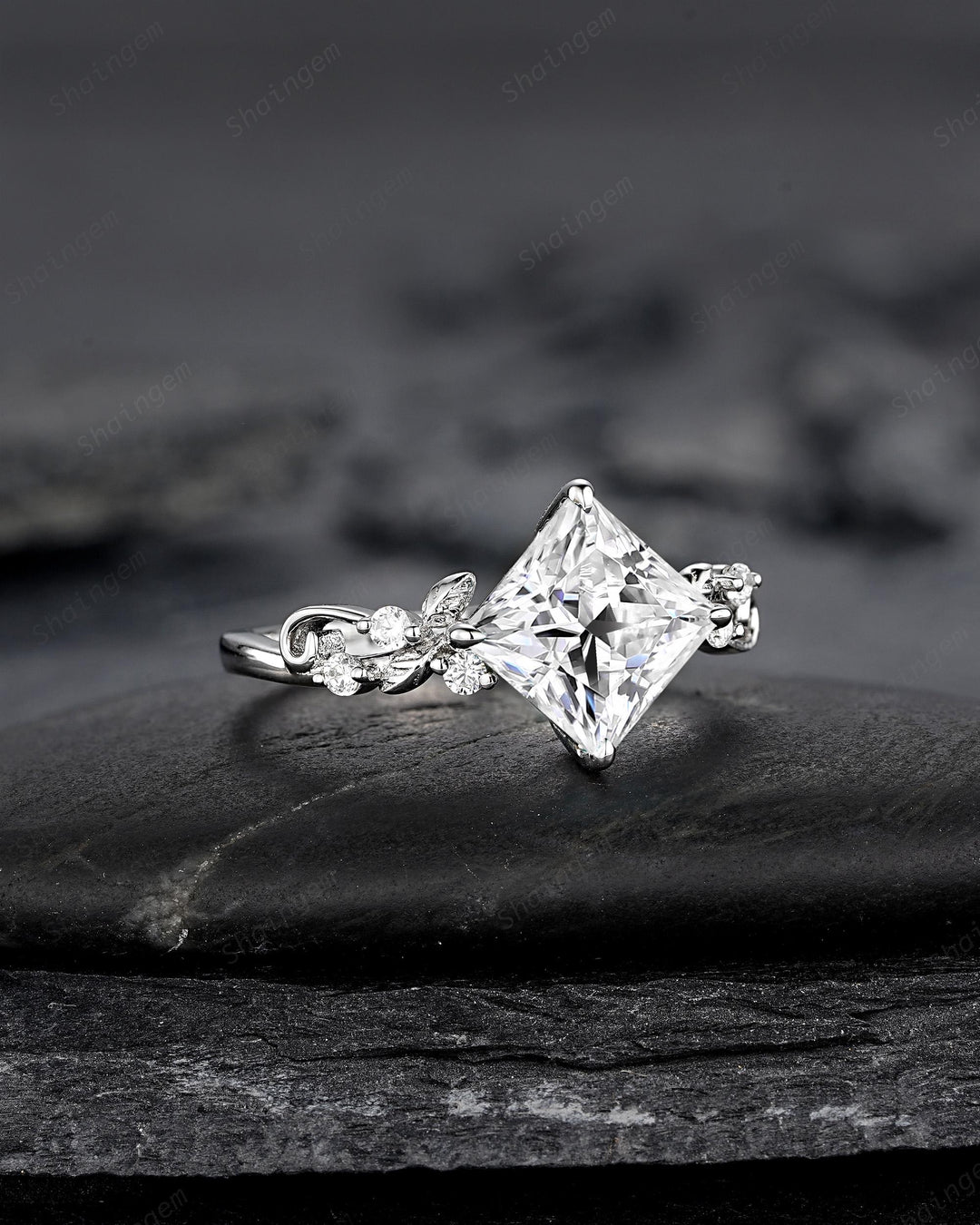 Platinum Princess Cut Colorless Moissanite Leaf Engagement Ring White Gold Wedding Promise Ring Nature Inspired Silver Bridal Ring for Woman - ShainJewelry