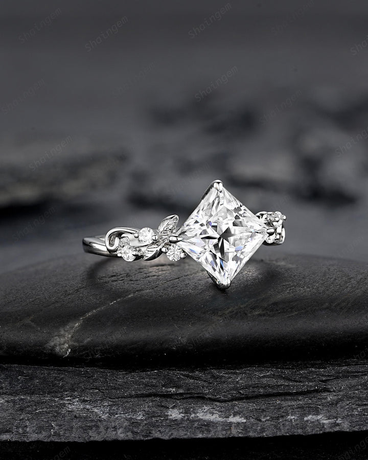 Platinum Princess Cut Colorless Moissanite Leaf Engagement Ring White Gold Wedding Promise Ring Nature Inspired Silver Bridal Ring for Woman - ShainJewelry
