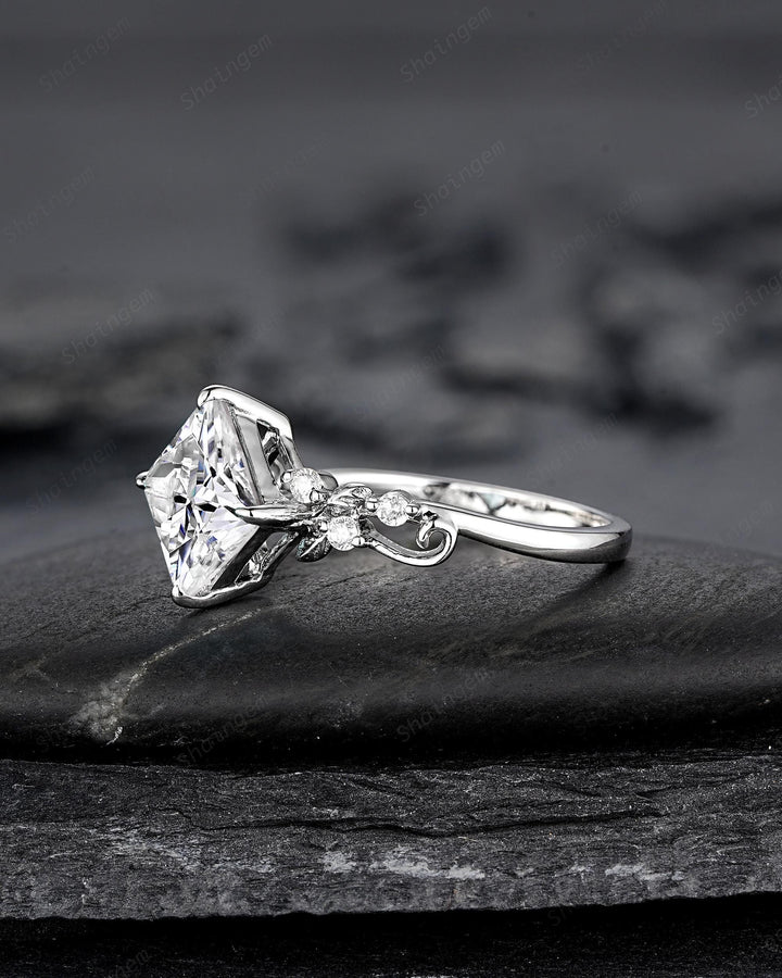 Platinum Princess Cut Colorless Moissanite Leaf Engagement Ring White Gold Wedding Promise Ring Nature Inspired Silver Bridal Ring for Woman - ShainJewelry