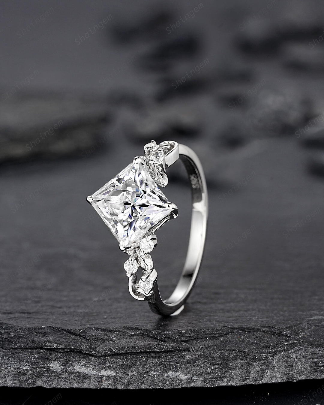 Platinum Princess Cut Colorless Moissanite Leaf Engagement Ring White Gold Wedding Promise Ring Nature Inspired Silver Bridal Ring for Woman - ShainJewelry