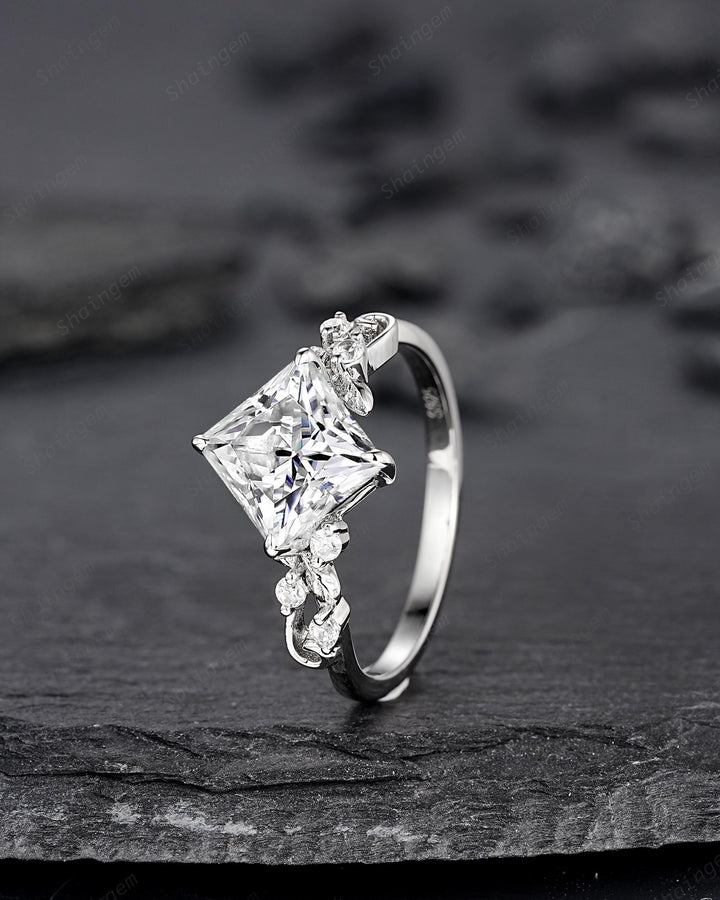 Platinum Princess Cut Colorless Moissanite Leaf Engagement Ring White Gold Wedding Promise Ring Nature Inspired Silver Bridal Ring for Woman - ShainJewelry