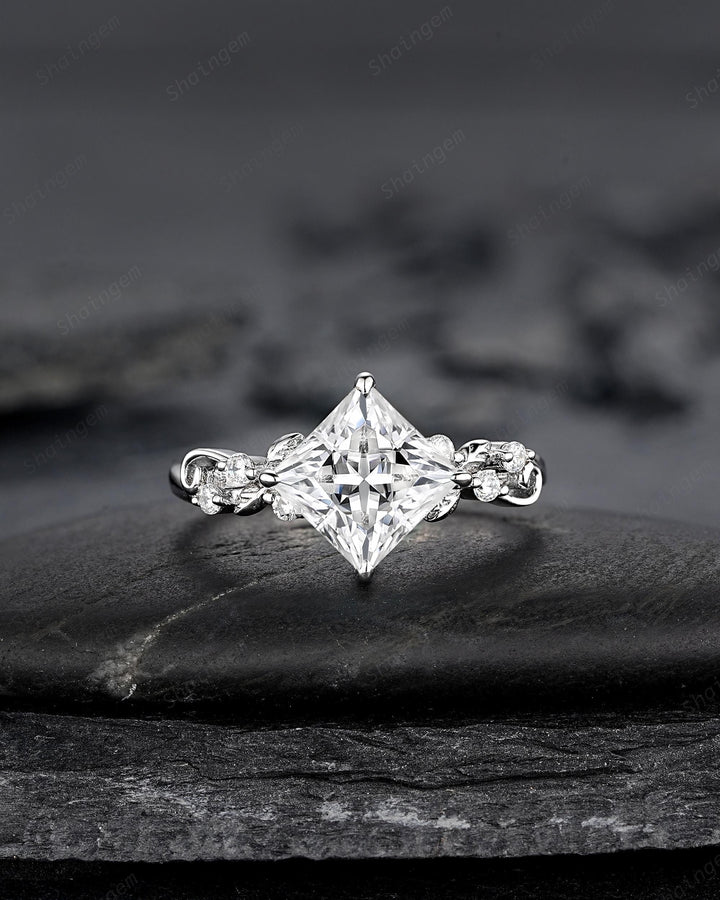 Platinum Princess Cut Colorless Moissanite Leaf Engagement Ring White Gold Wedding Promise Ring Nature Inspired Silver Bridal Ring for Woman - ShainJewelry