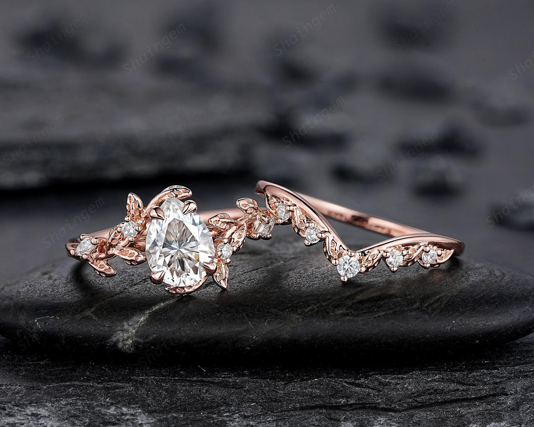 Vintage Pear Shape Moissanite Leaf Engagement Ring Unique Rose Gold Twig Branch Vine Wedding Set Nature Inspired Promise Ring for Women her - ShainJewelry