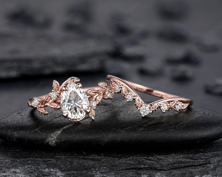 Vintage Pear Shape Moissanite Leaf Engagement Ring Unique Rose Gold Twig Branch Vine Wedding Set Nature Inspired Promise Ring for Women her - ShainJewelry