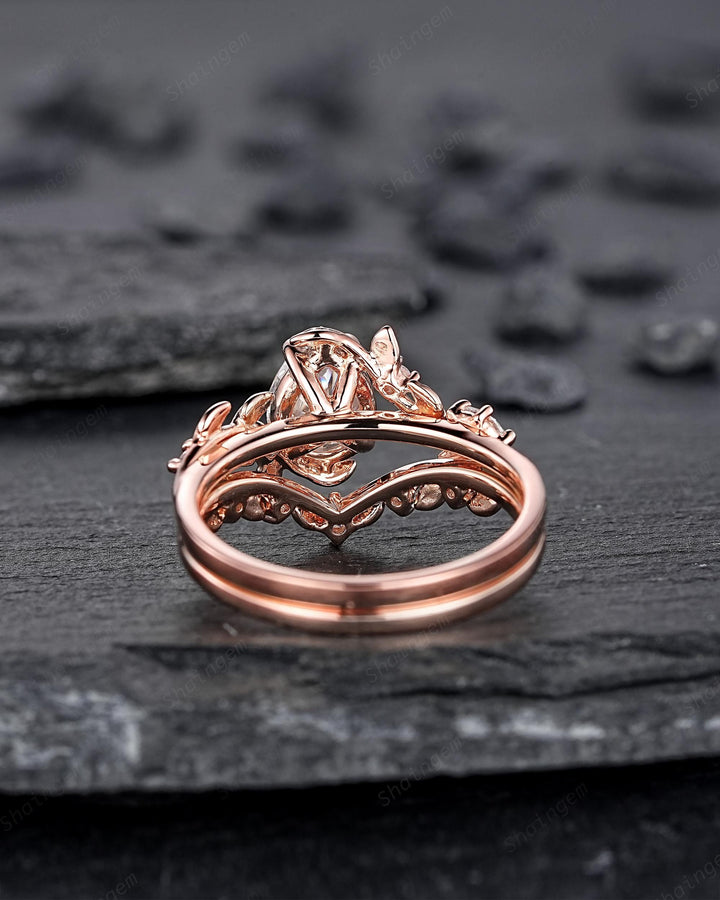 Vintage Pear Shape Moissanite Leaf Engagement Ring Unique Rose Gold Twig Branch Vine Wedding Set Nature Inspired Promise Ring for Women her - ShainJewelry