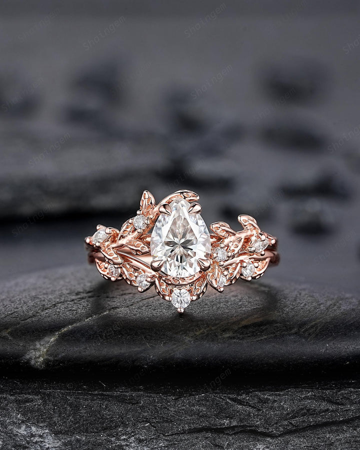 Vintage Pear Shape Moissanite Leaf Engagement Ring Unique Rose Gold Twig Branch Vine Wedding Set Nature Inspired Promise Ring for Women her - ShainJewelry