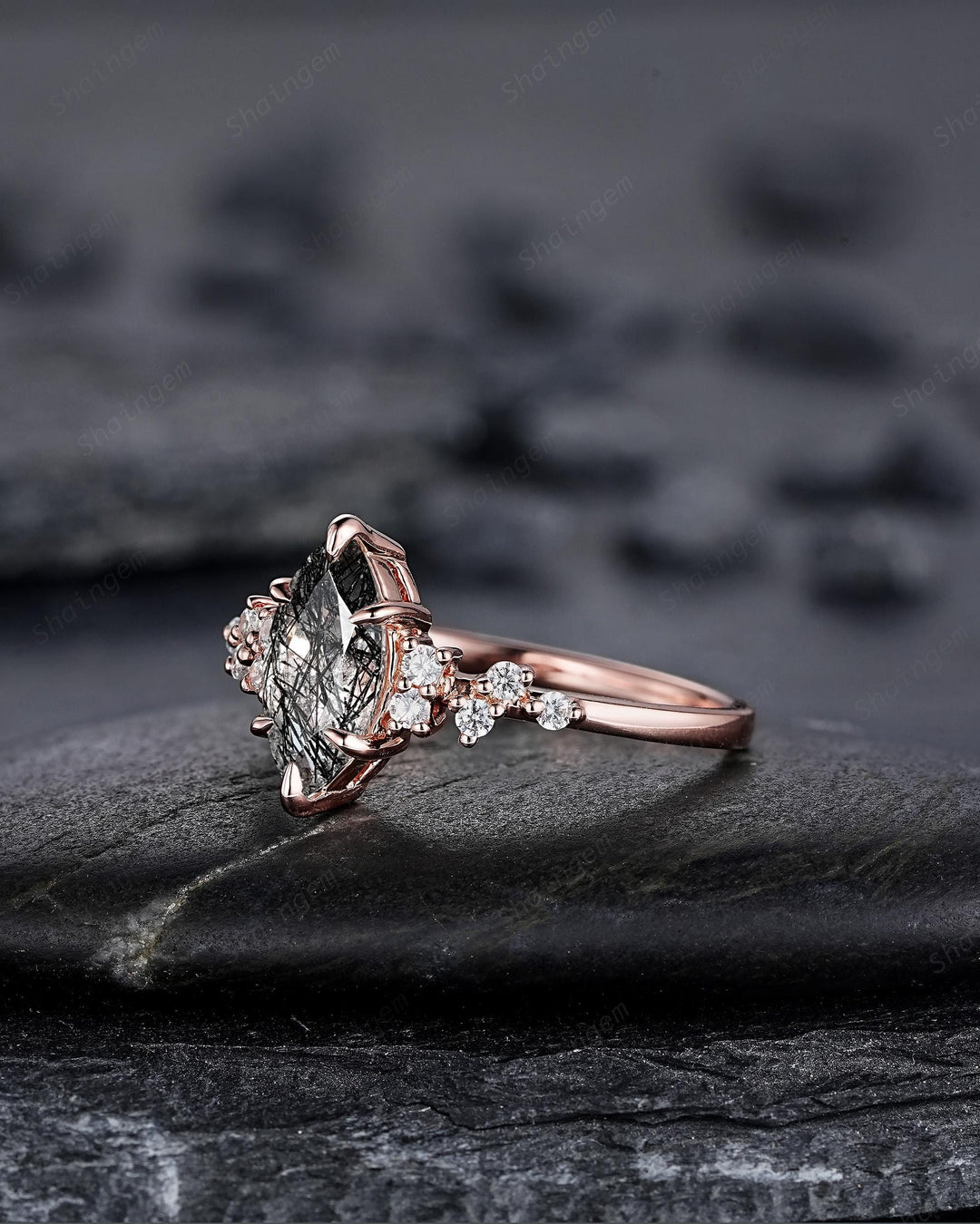 Vintage Marquise Cut Black Rutilated Quartz Cluster Diamond Engagement Ring, Unique Black Stone Rose Gold Promise Ring Gift for women her - ShainJewelry