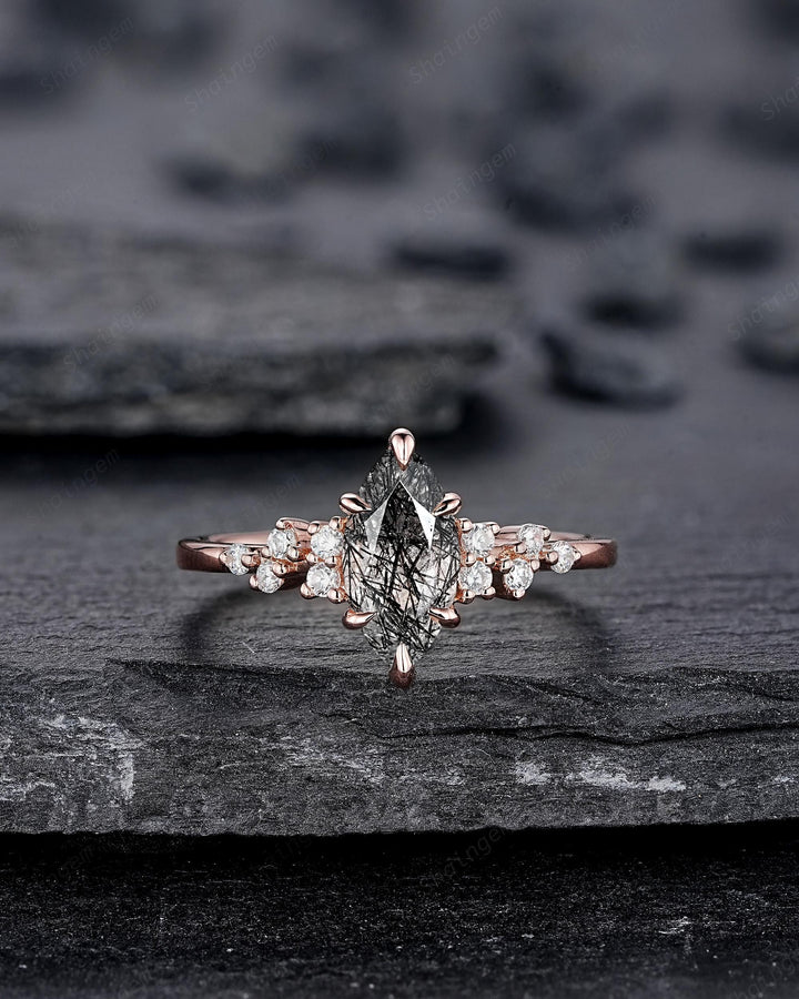 Vintage Marquise Cut Black Rutilated Quartz Cluster Diamond Engagement Ring, Unique Black Stone Rose Gold Promise Ring Gift for women her - ShainJewelry