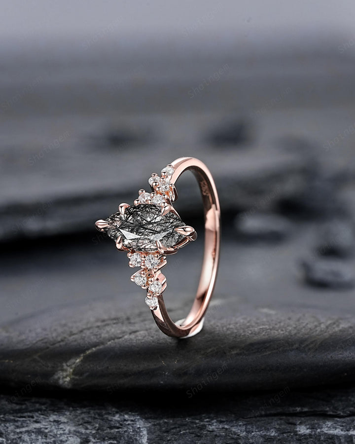 Vintage Marquise Cut Black Rutilated Quartz Cluster Diamond Engagement Ring, Unique Black Stone Rose Gold Promise Ring Gift for women her - ShainJewelry