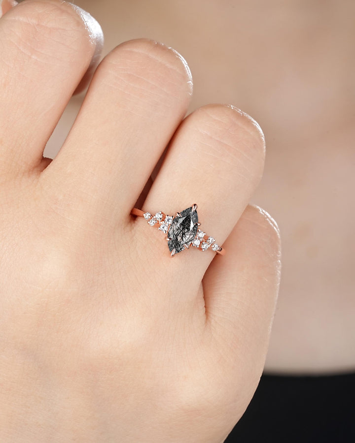 Vintage Marquise Cut Black Rutilated Quartz Cluster Diamond Engagement Ring, Unique Black Stone Rose Gold Promise Ring Gift for women her - ShainJewelry