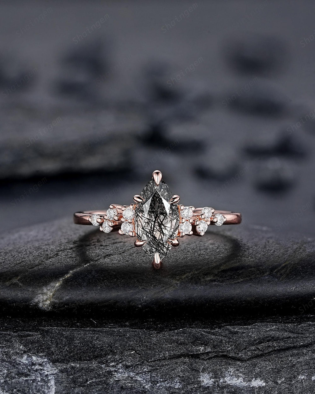 Vintage Marquise Cut Black Rutilated Quartz Cluster Diamond Engagement Ring, Unique Black Stone Rose Gold Promise Ring Gift for women her - ShainJewelry