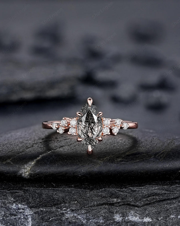 Vintage Marquise Cut Black Rutilated Quartz Cluster Diamond Engagement Ring, Unique Black Stone Rose Gold Promise Ring Gift for women her - ShainJewelry