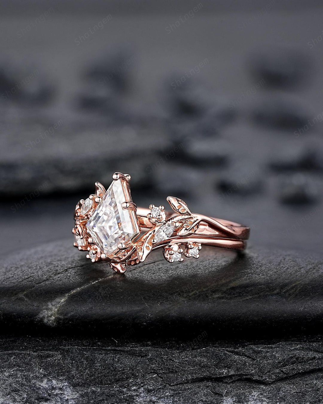 Nature Inspired Kite Cut Moissanite Leaf Engagement Ring, Unique 14K Rose Gold Twig Branch Vine Diamond Wedding Set Promise Ring for Women - ShainJewelry
